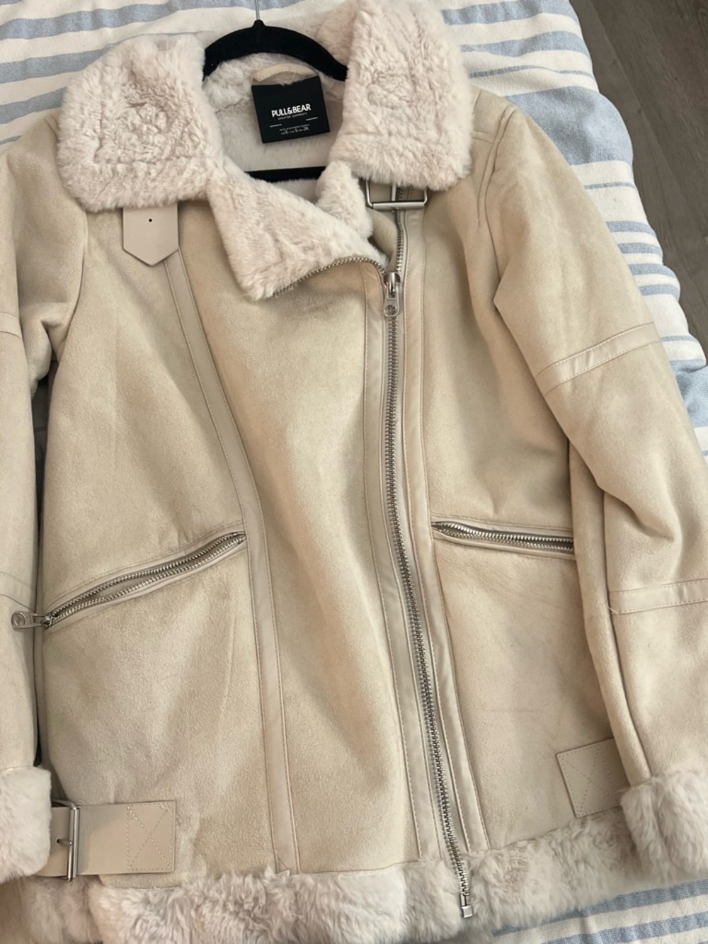 Pull&Bear Cream Faux Shearling Moto Jacket with Zip Detail